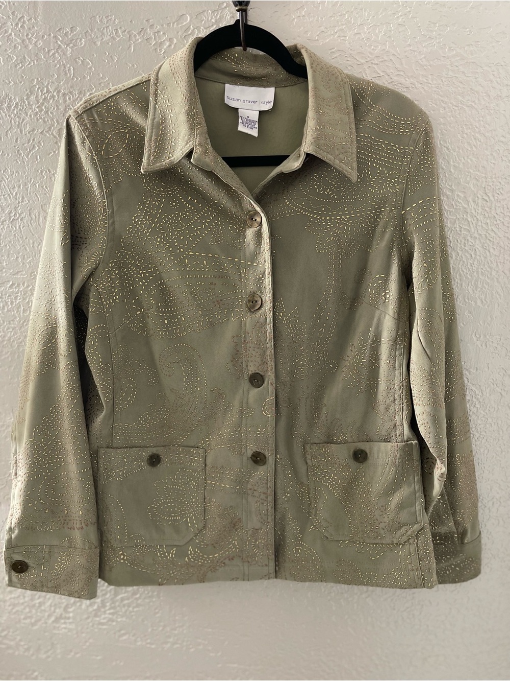 Vintage Susan Graver Style Women’s Olive Jacket Metallic Paisley Small
